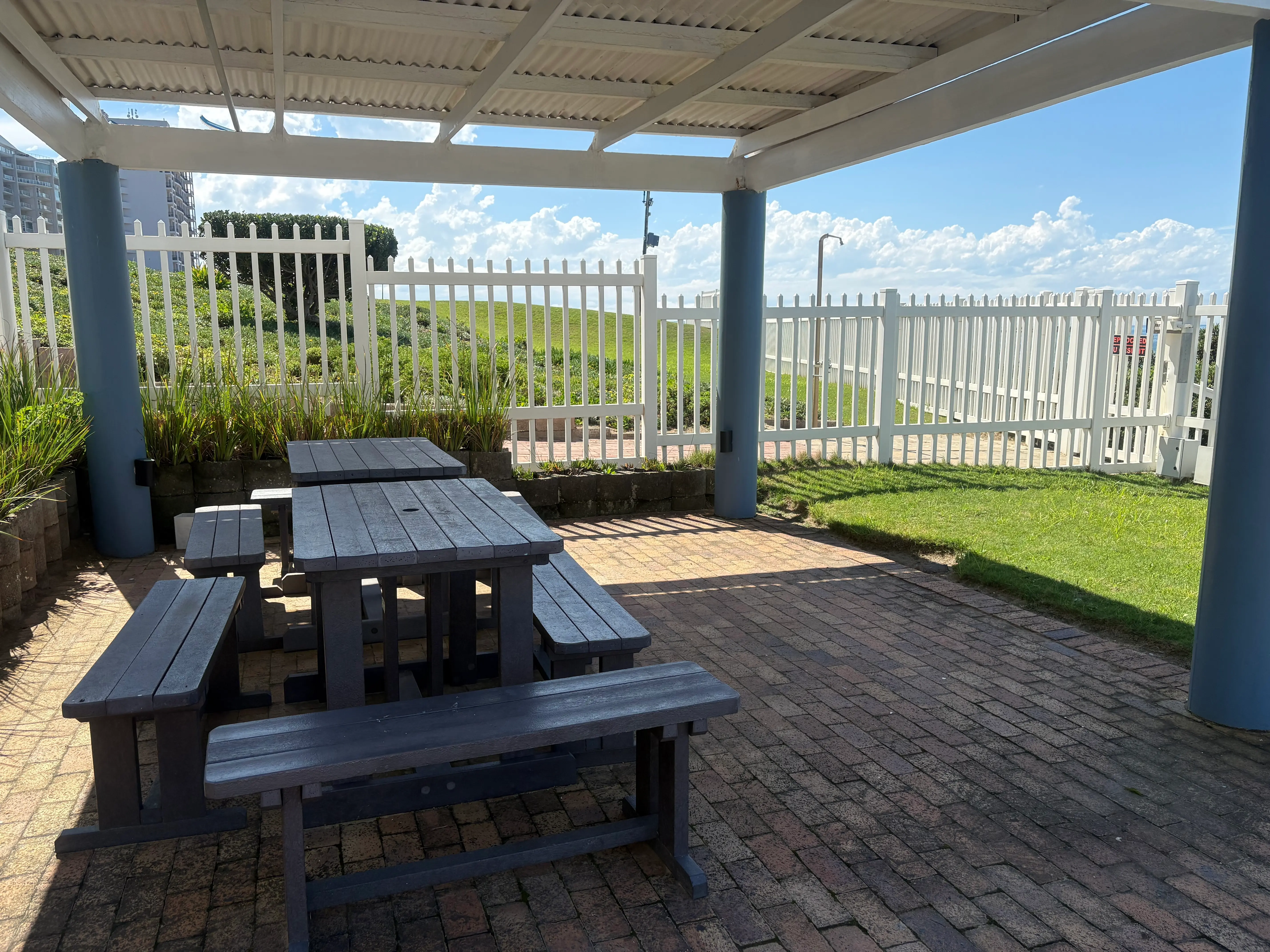 Seating area at swimming pool